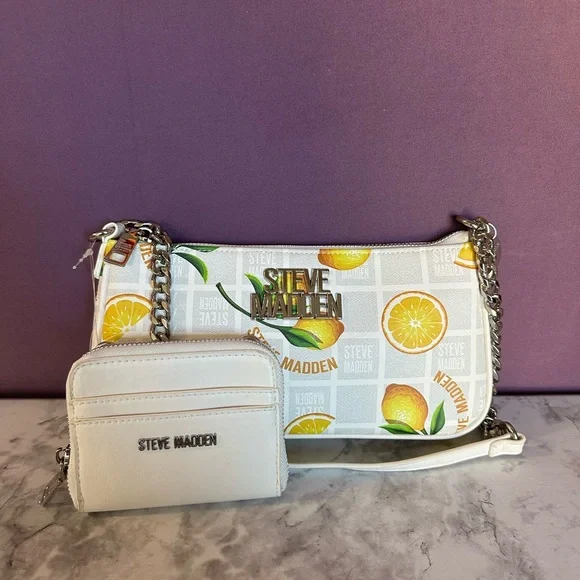 Steve Madden Lemon Print Shoulder Bag with Chain Accents and Coin Purse - Picture 2 of 13